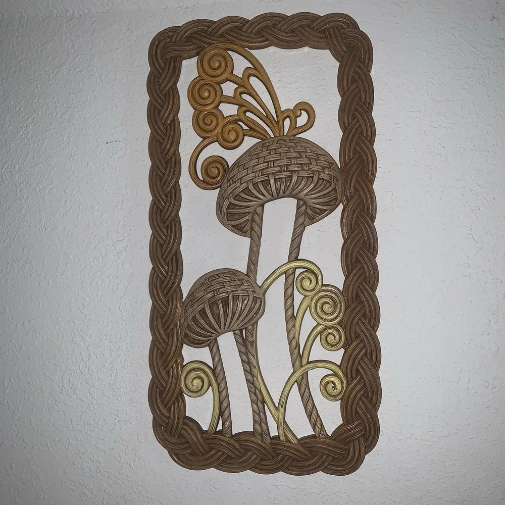 MCM VTG Mushroom Wall Hanging Plaque Burwood 2329 Brown Yellow Butterfly Plastic